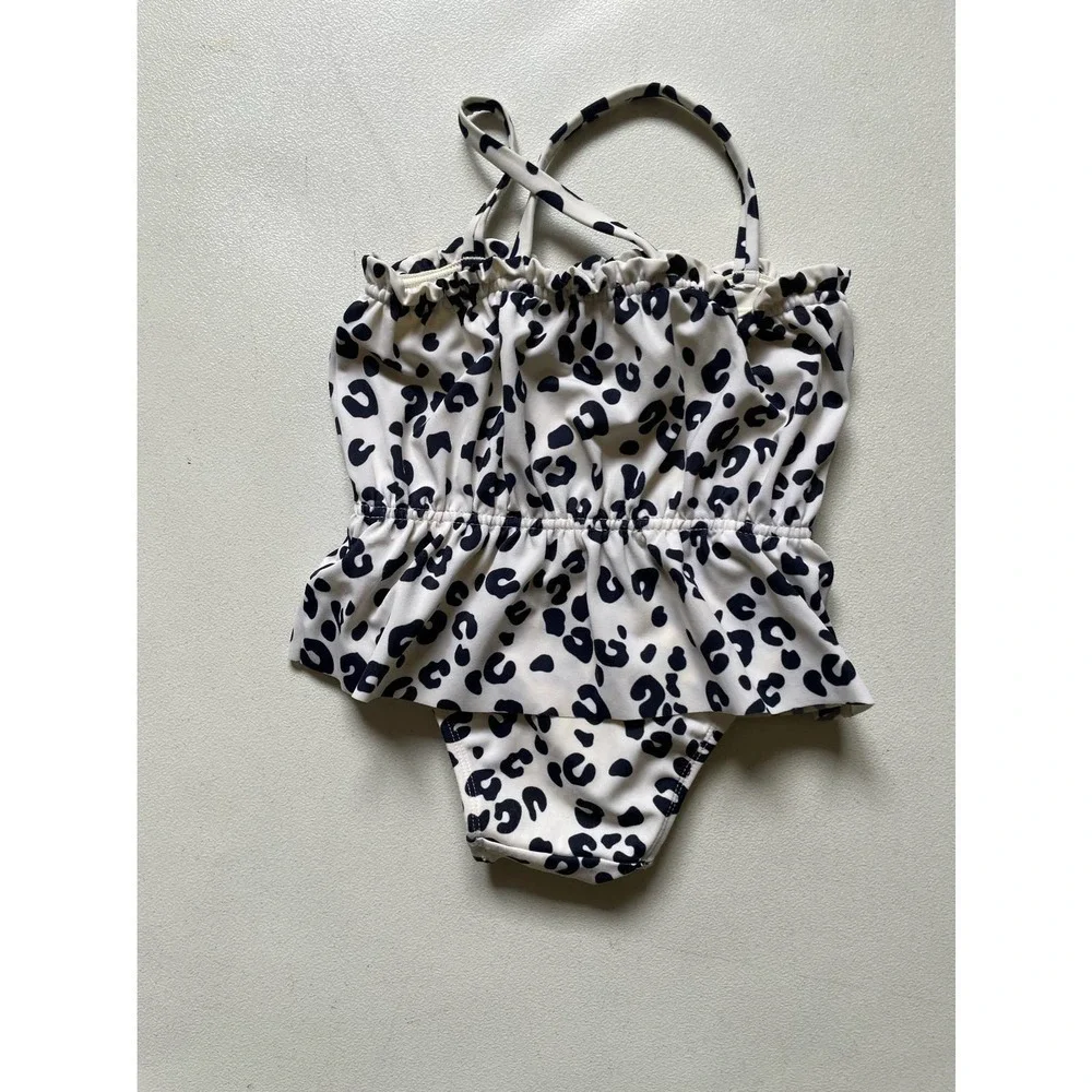 Baby Gap White and Navy Leopard Print Swimsuit with Ruffle • Size 18-24M 🗣